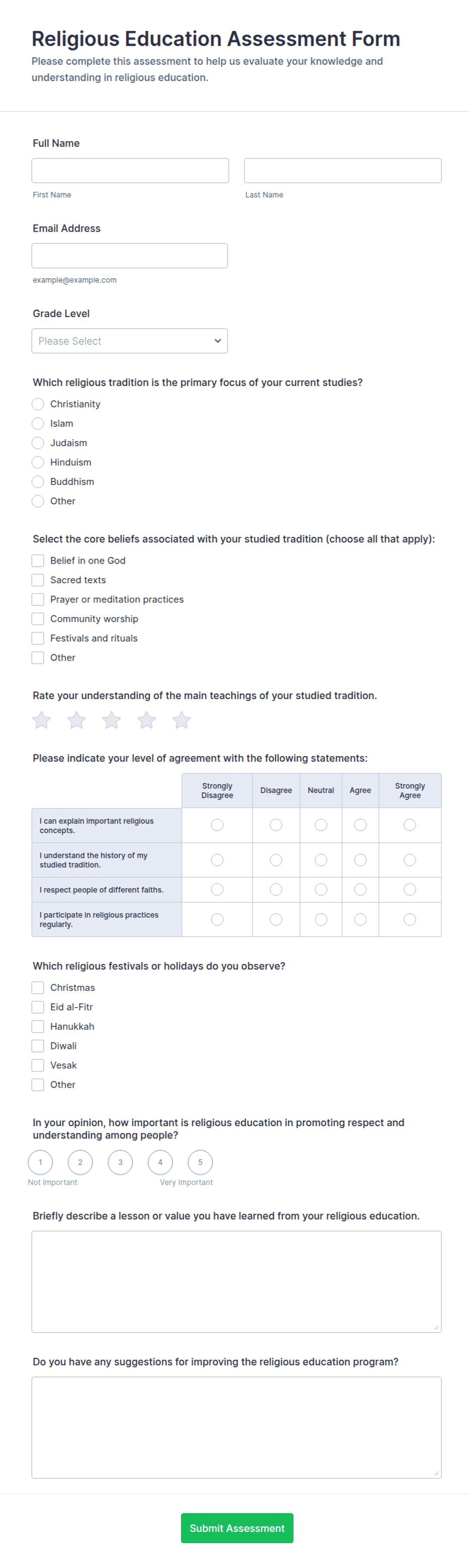 Religious Education Assessment Form Template | Jotform