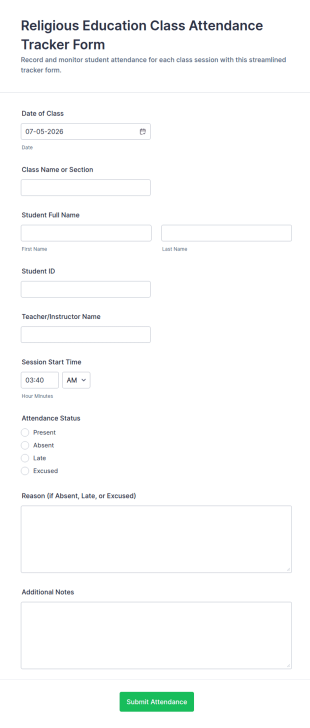 Religious Education Class Attendance Tracker Form Template