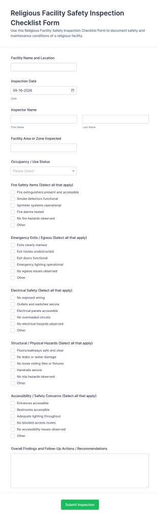 Religious Facility Safety Inspection Form Template