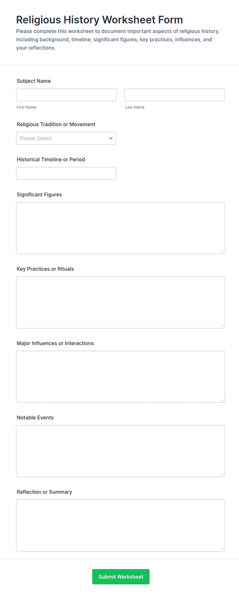 Religious History Worksheet Form Template | Jotform