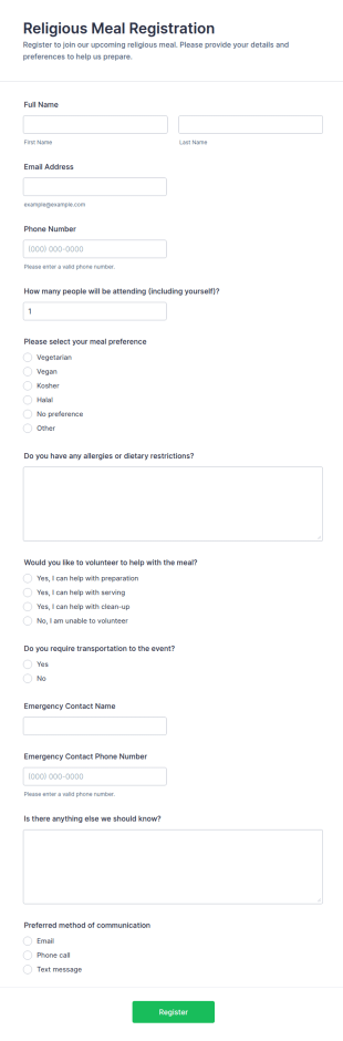 Religious Meal Registration Form Template