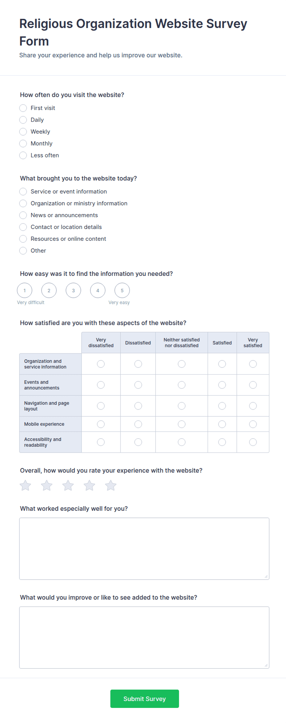 Religious Organization Website Survey Form Template | Jotform