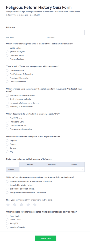 Religious Reform History Quiz Form Template