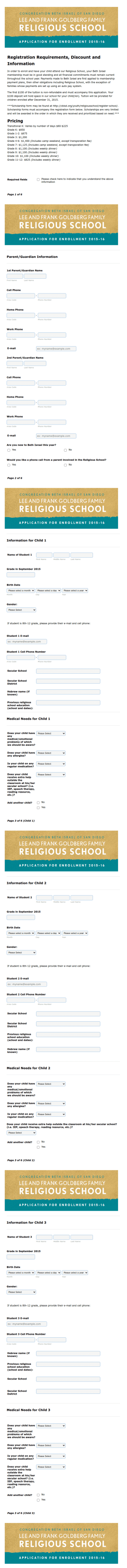Religious School Application For Enrollment Form Template