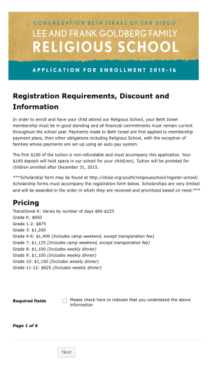 Religious School Application For Enrollment Form Template
