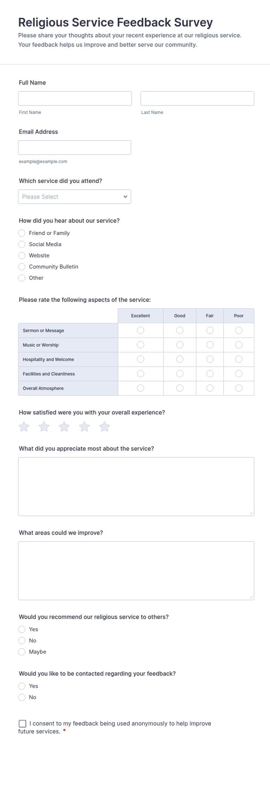 Religious Survey Example Religious Service Feedback Survey Form Template | Jotform