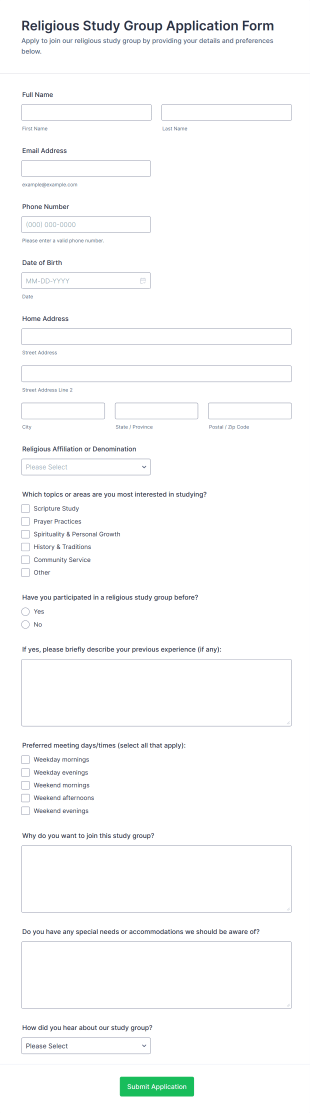 Religious Study Group Application Form Template