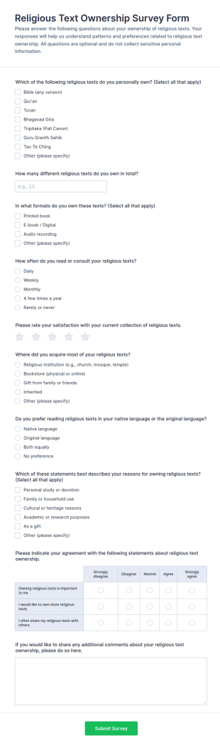 Religious Text Ownership Survey Form Template