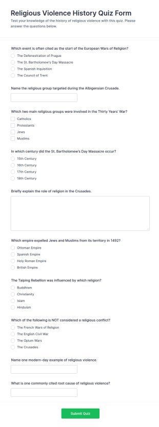 Religious Violence History Quiz Form Template