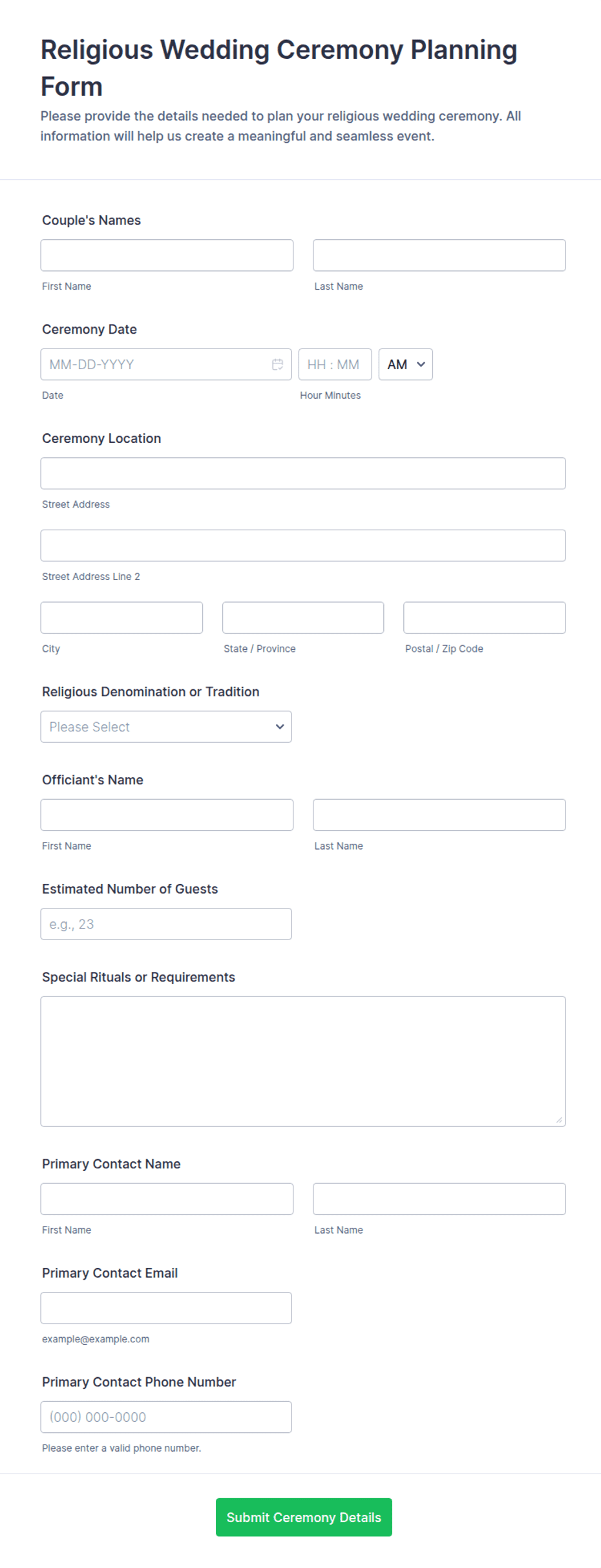 Religious Wedding Ceremony Planning Form Template | Jotform