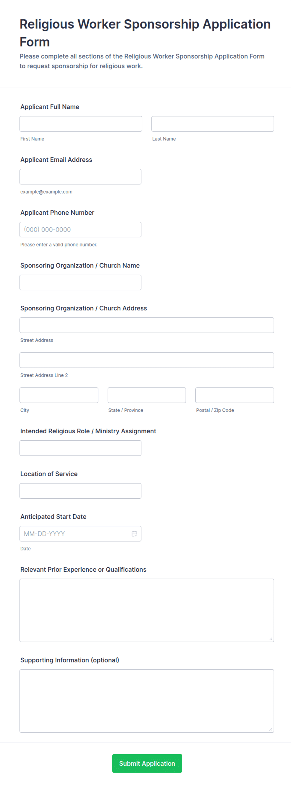 Religious Worker Sponsorship Application Form Template | Jotform