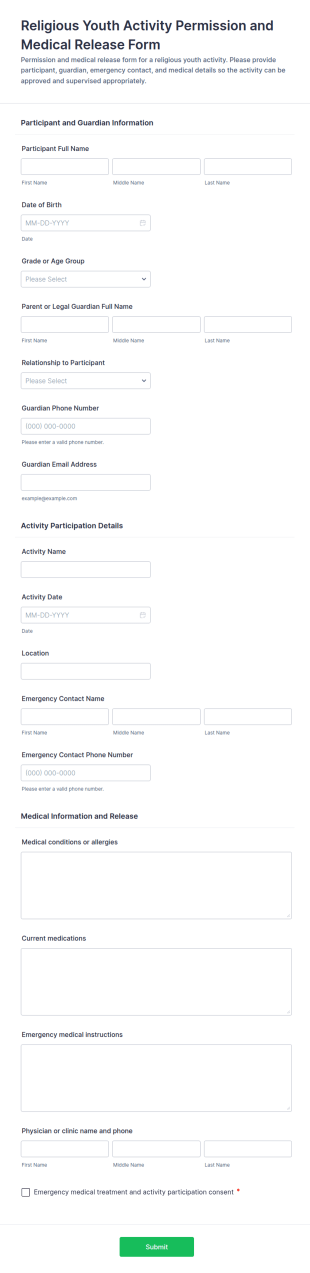 Religious Youth Activity Permission And Medical Release Form Template