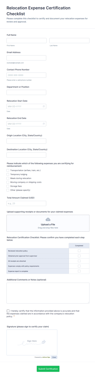 Relocation Expense Certification Checklist Form Template