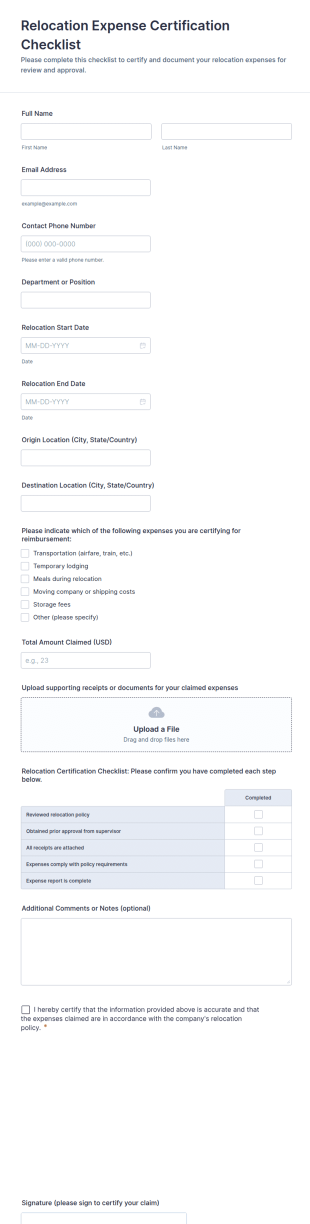 Relocation Expense Certification Checklist Form Template