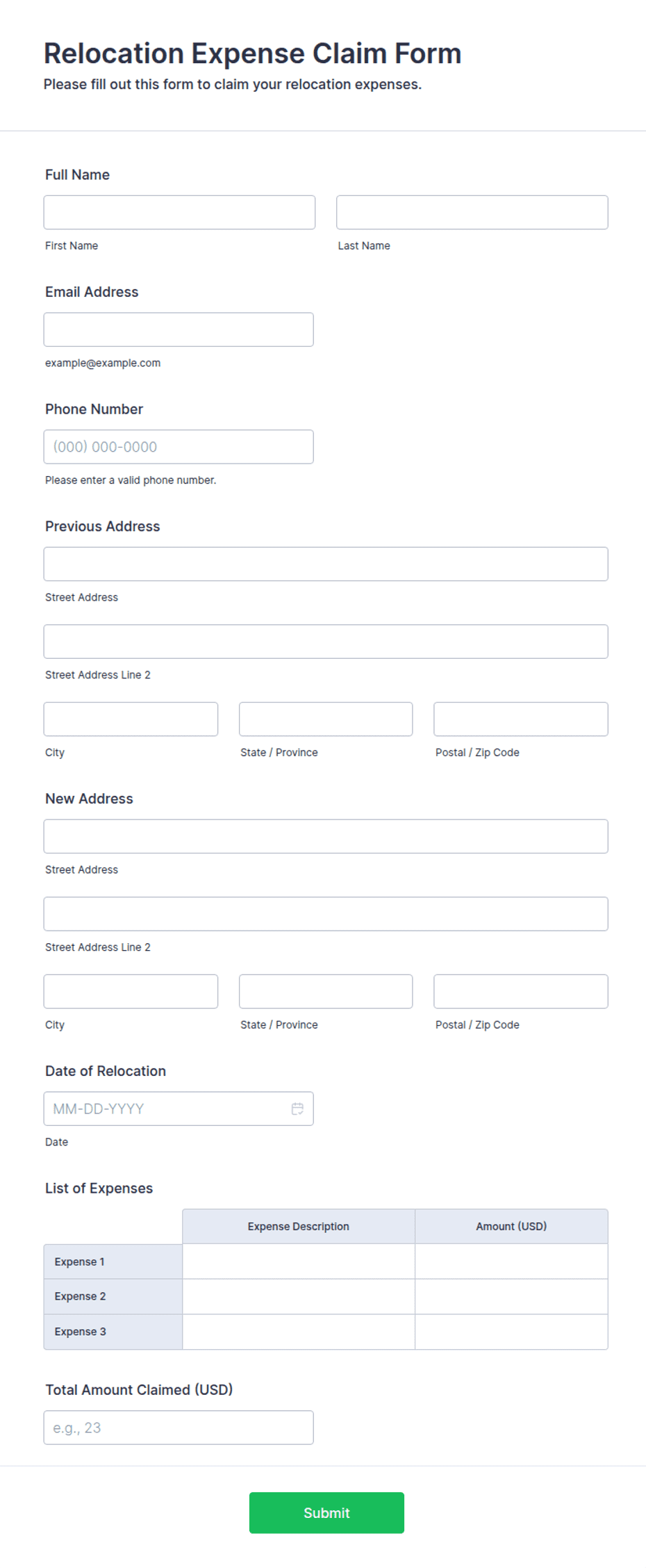 Relocation Expenses Format Relocation Expense Claim Form Template | Jotform