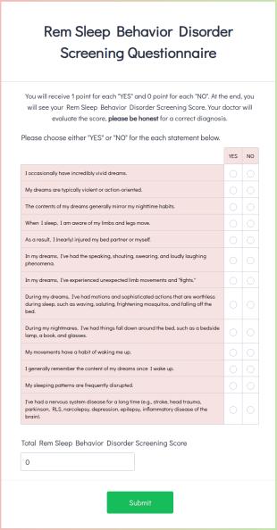 Rem Sleep Behavior Disorder Screening Questionnaire Form Template