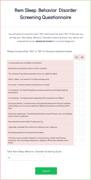 Rem Sleep Behavior Disorder Screening Questionnaire Form Template