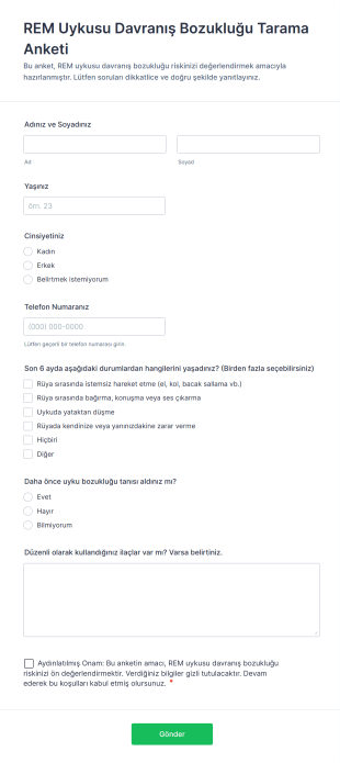REM Uykusu Davranış Bozukluğu Tarama Anketi Form Template