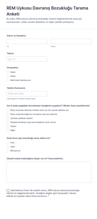 REM Uykusu Davranış Bozukluğu Tarama Anketi Form Şablonu