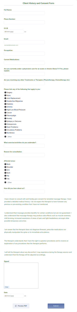 Remedial Massage Intake Form Template