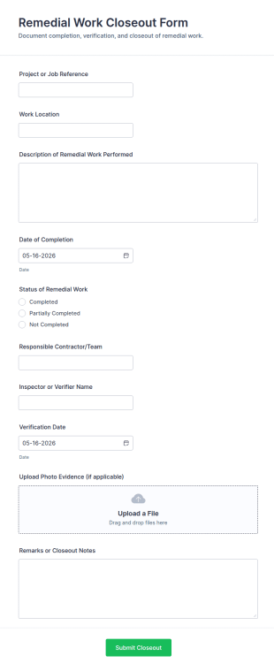 Remedial Work Closeout Form Template