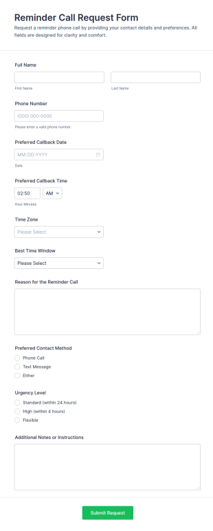 Reminder Call Request Form Template