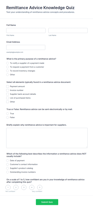 Remittance Advice Knowledge Quiz Form Template