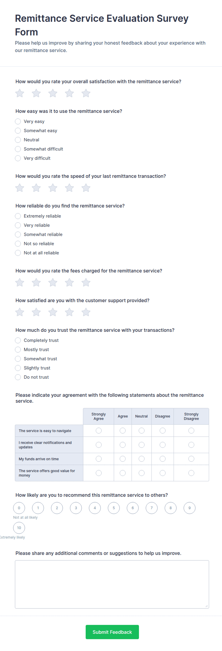 Remittance Service Evaluation Survey Form Template | Jotform