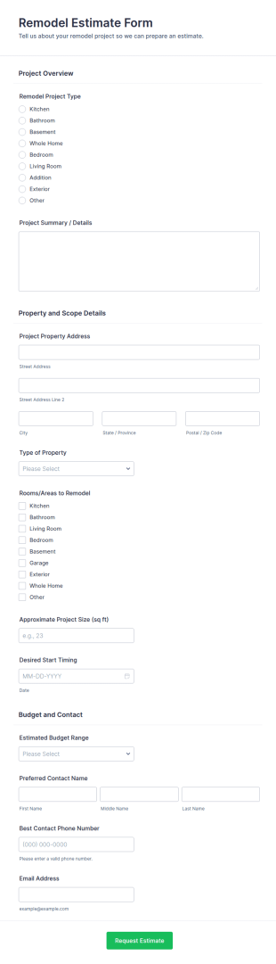 Remodel Estimate Form Template
