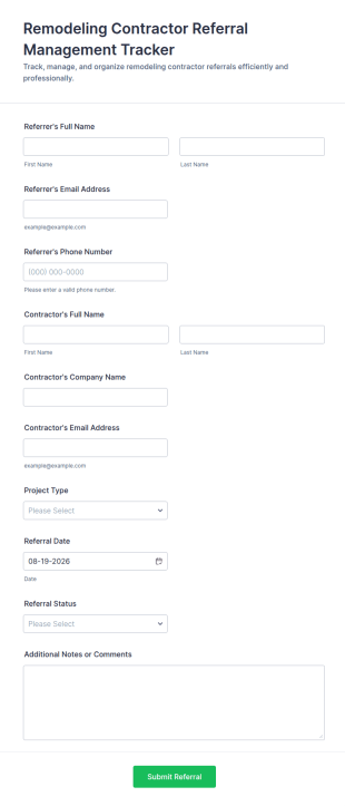 Remodeling Contractor Referral Management Tracker Form Template
