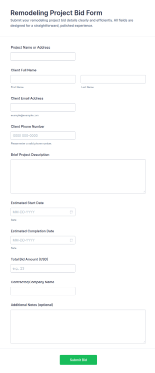 Remodeling Project Bid Form Template