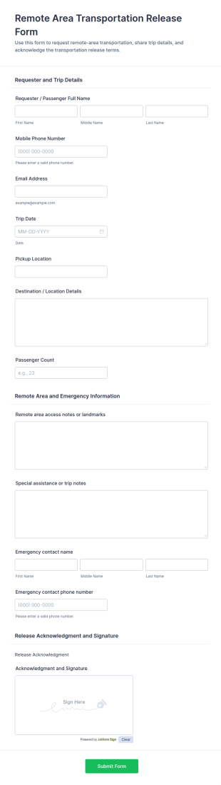 Remote Area Transportation Release Form Template