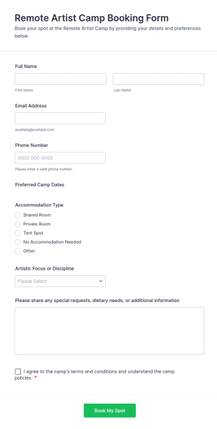 Remote Artist Camp Booking Form Template
