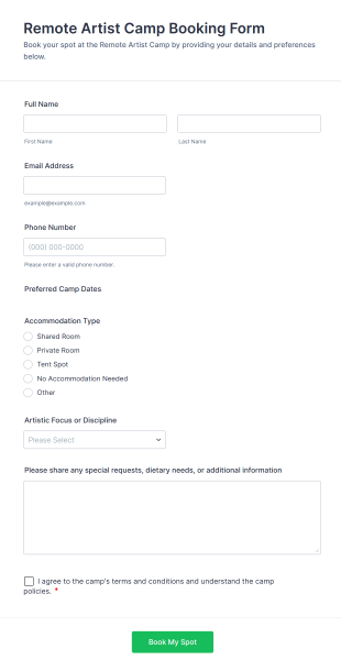 Remote Artist Camp Booking Form Template