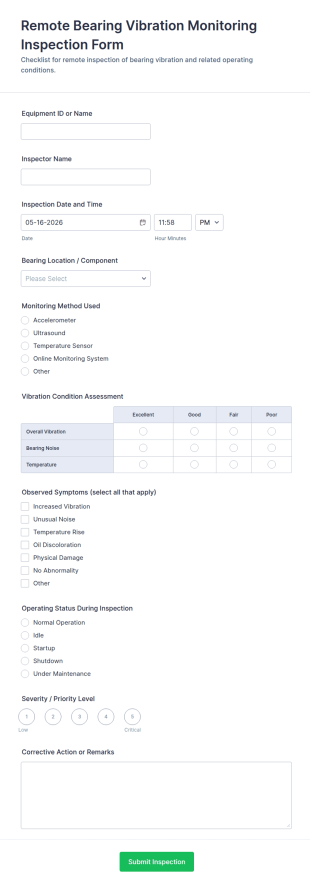 Remote Bearing Vibration Monitoring Inspection Checklist Form Template