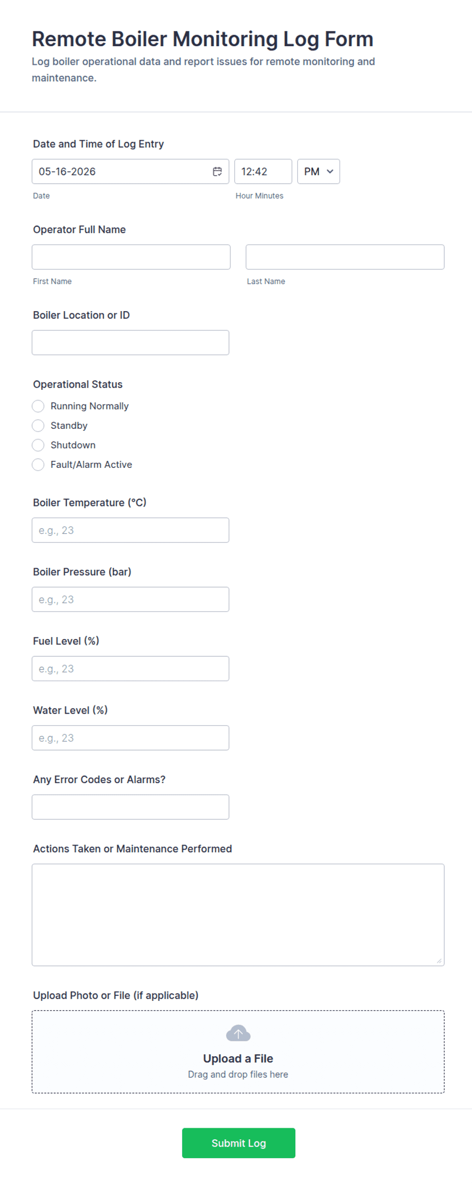 Connection Log Form Remote Boiler Monitoring Log Form Template | Jotform
