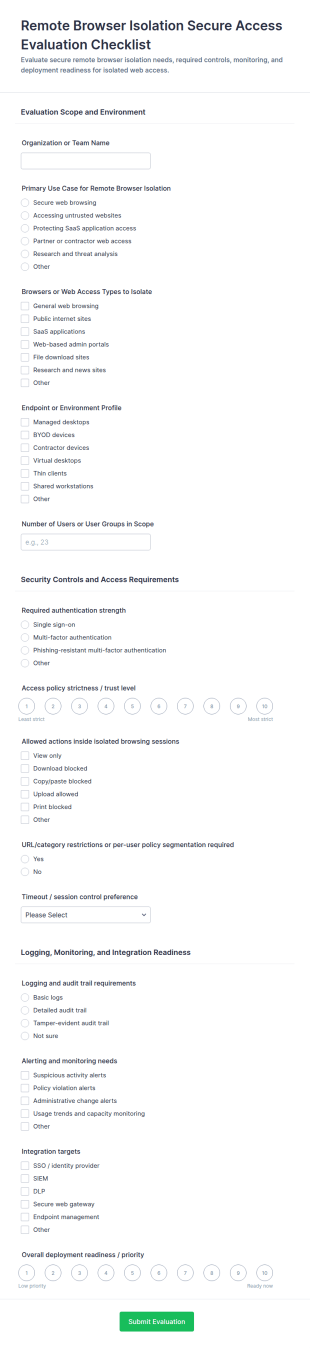 Remote Browser Isolation Secure Access Evaluation Checklist Form Template