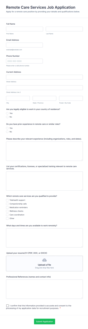 Remote Care Services Job Application Form Template
