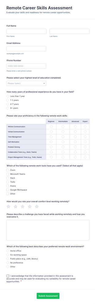 Remote Career Skills Assessment Form Template