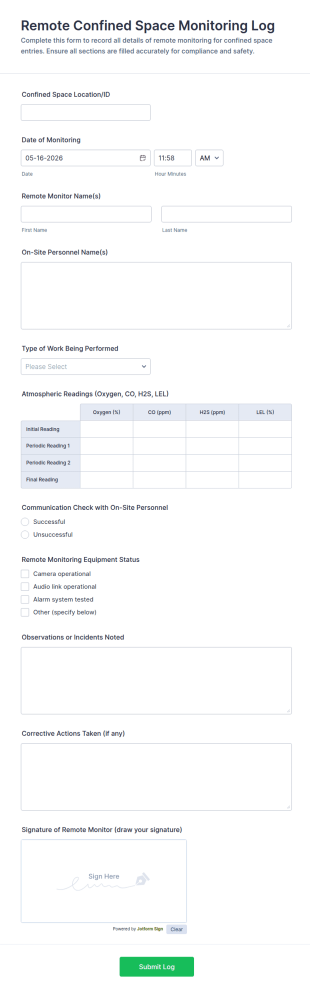 Remote Confined Space Monitoring Log Form Template
