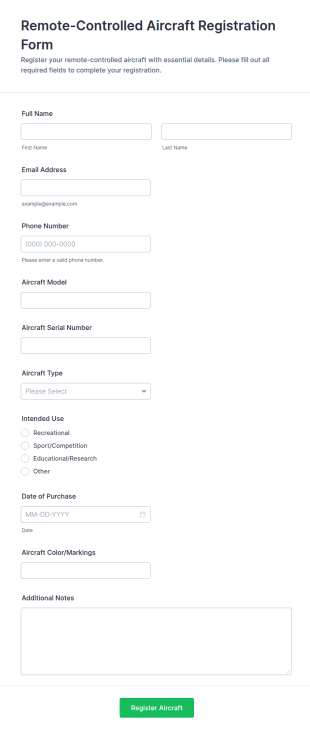 Remote Controlled Aircraft Registration Form Template