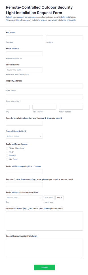 Remote Controlled Outdoor Security Light Installation Request Form Template