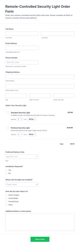 Remote Controlled Security Light Order Form Template