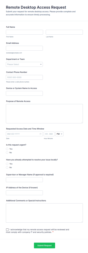 Remote Desktop Access Request Form Template