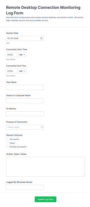 Remote Desktop Connection Monitoring Log Form Template