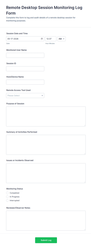 Remote Desktop Session Monitoring Log Form Template