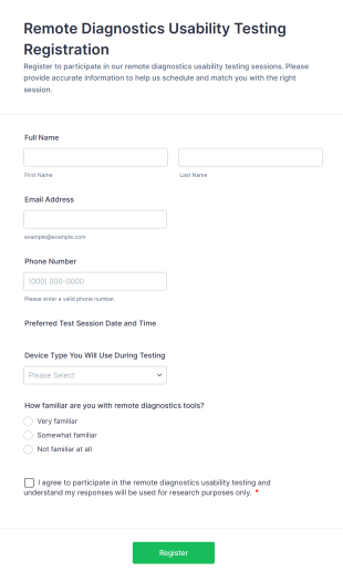 Remote Diagnostics Usability Testing Registration Form Template