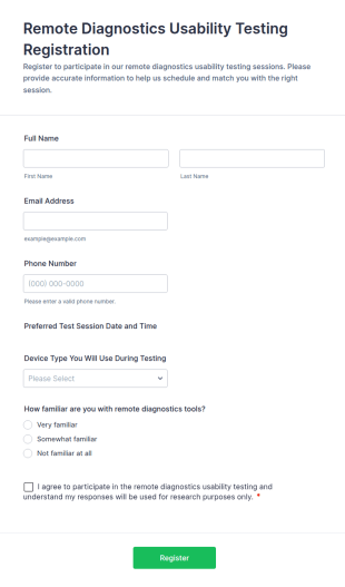 Remote Diagnostics Usability Testing Registration Form Template