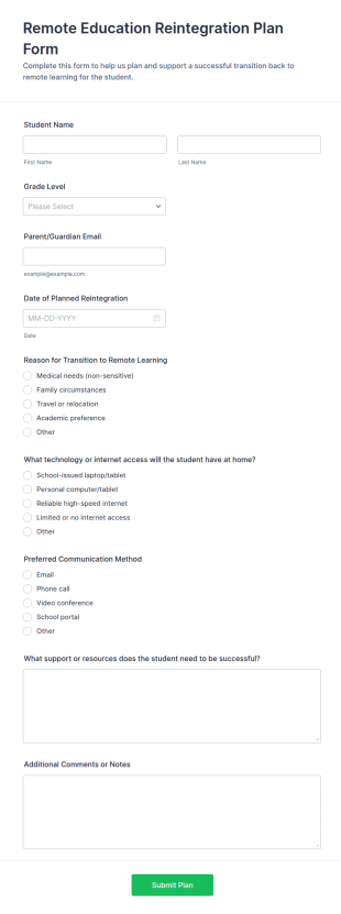 Remote Education Reintegration Plan Form Template