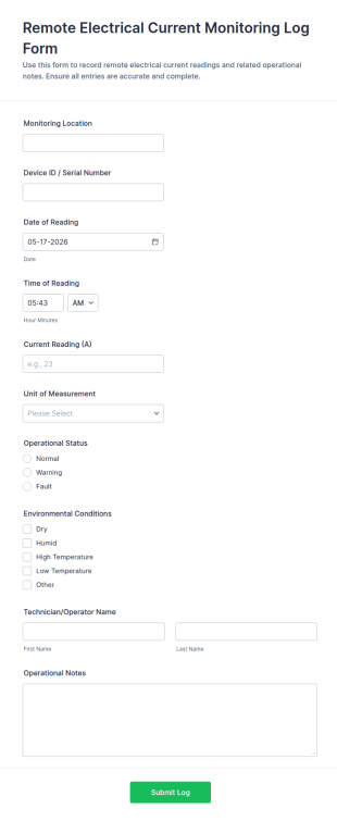 Remote Electrical Current Monitoring Log Form Template